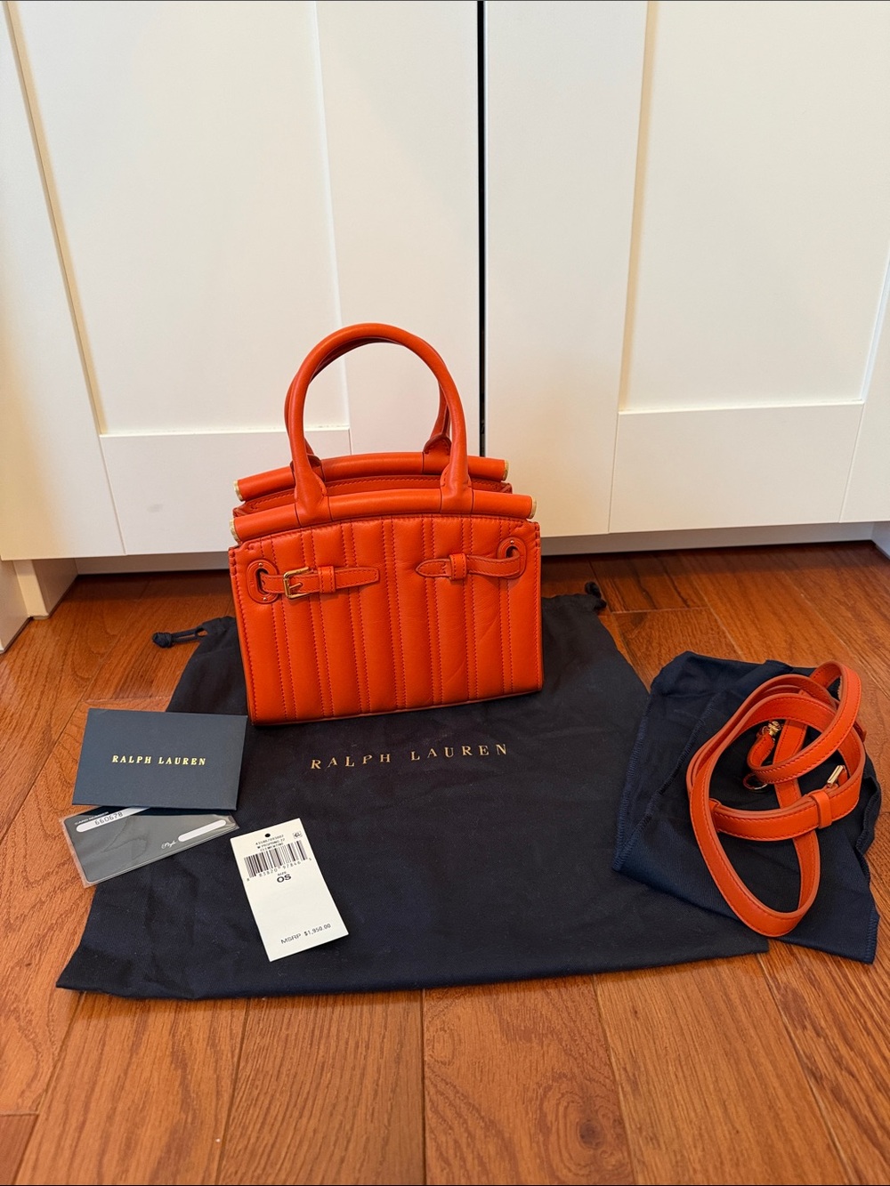 Mini RL 50 Ralph Lauren Bright Orange Quilted Mini Tote with Gold Hardware